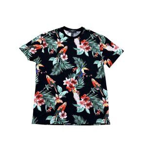 Forever 21 Men Tropical Parrot Floral T Shirt Black Cotton Size M